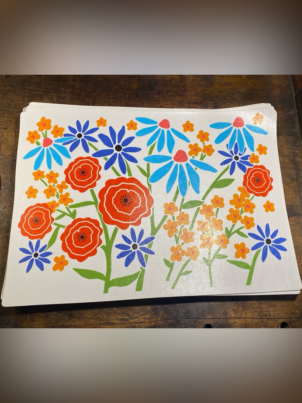 Set of 4 Vintage Crate & Barrel Vinyl Placemats Bright Wildflowers 12 x 17 In.